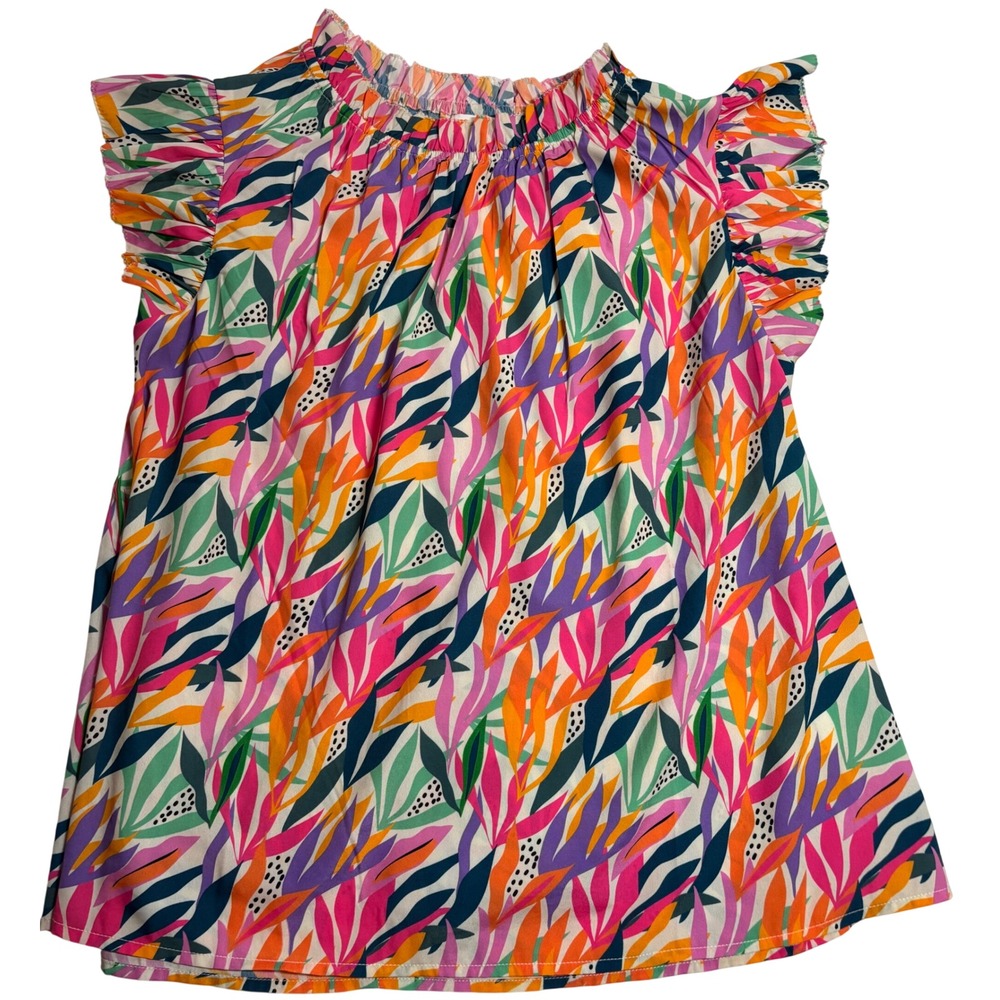 THML Blouse Women Multi Color Excellent Ruffle Sleeve Lilac Floral Leaf Print Lg